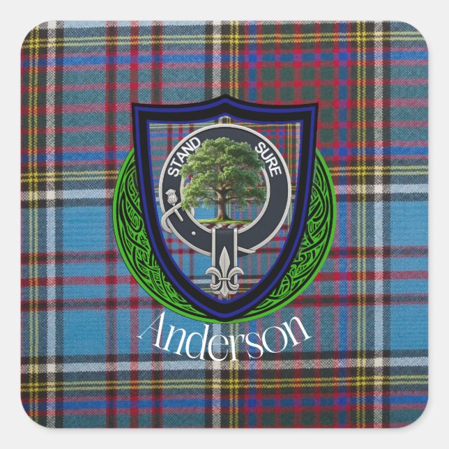 Pegatina Cuadrada Anderson Scottish Clan Tartán y Escudo (Anverso)