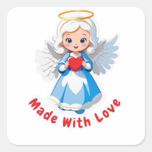 Pegatina Cuadrada 😇 Ángel Adorable Sosteniendo Corazón Rojo Con Ala