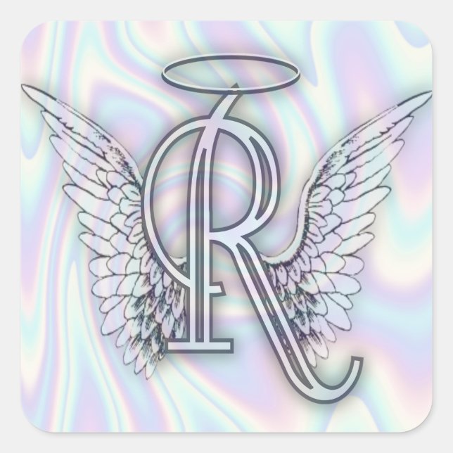 Pegatina Cuadrada Angel Alphabet R Letra Inicial Wings Halo Square (Anverso)