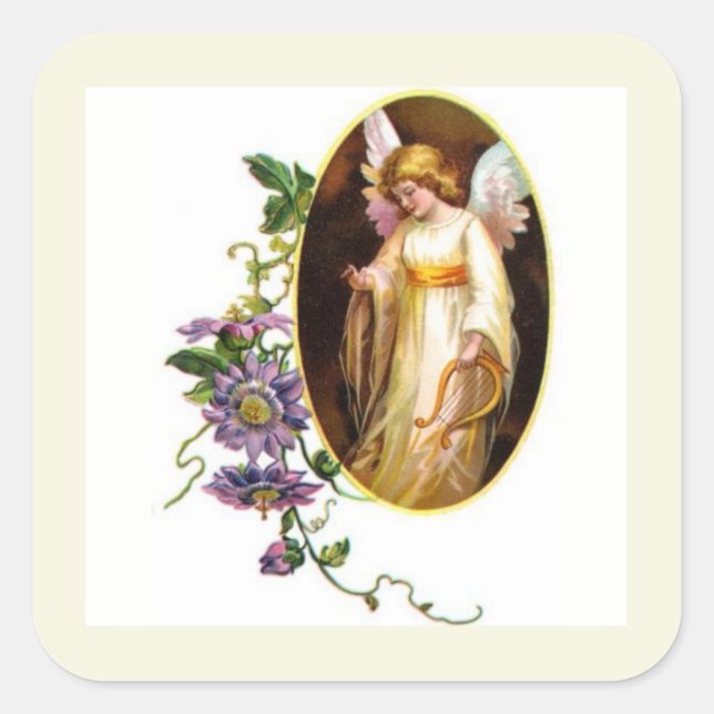 Pegatina Cuadrada Ángel con arpa y flores de clemátide (Anverso)