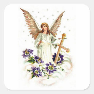 Pegatina Cuadrada Ángel Con Flores Cruzadas Y Clematis