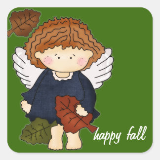 Pegatina Cuadrada Ángel con hojas caídas Feliz otoño