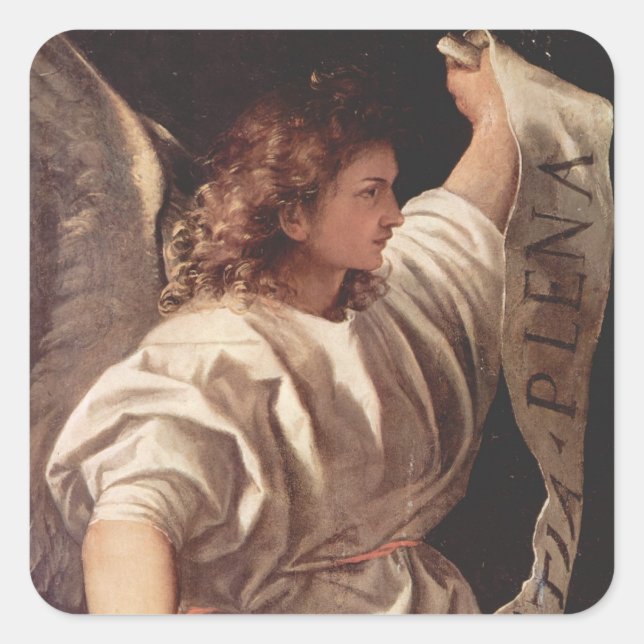 Pegatina Cuadrada Ángel con pancarta 1522 (Anverso)