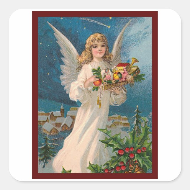 Pegatina Cuadrada Ángel con regalos - Navidad vintage (Anverso)