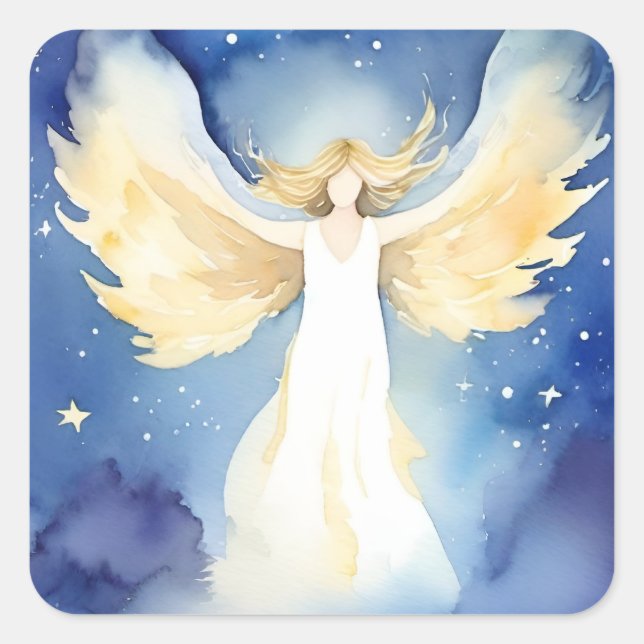 Pegatina Cuadrada Ángel de arte acuarela en el cielo nocturno (Anverso)