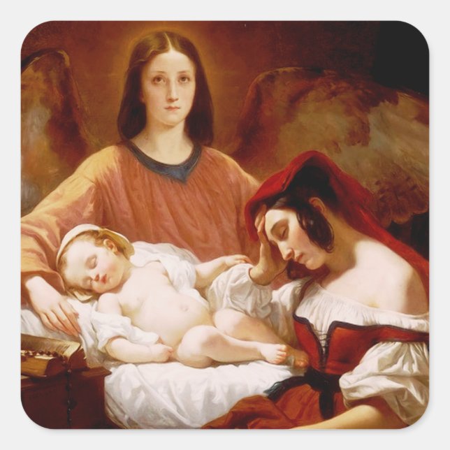 Pegatina Cuadrada Ángel de la Guarda de Henri Decaisne (Anverso)