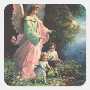 Pegatina Cuadrada Ángel de la guarda protegiendo a niños cerca de un
