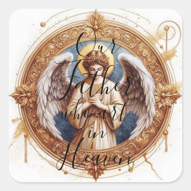 Pegatina Cuadrada Ángel de la oración - Nuestro padre (Anverso)