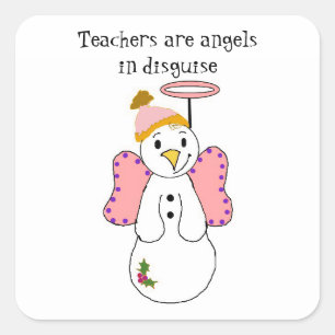 Pegatina Cuadrada Ángel de muñeco de nieve con profesor diciendo