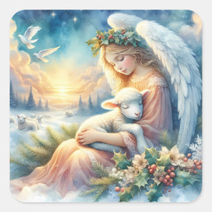 Pegatina Cuadrada Ángel de Navidad con Cordero en Paz Invernal