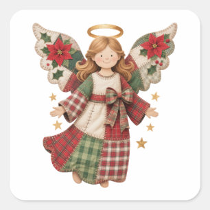 Pegatina Cuadrada Ángel de Navidad con Estrellas Doradas