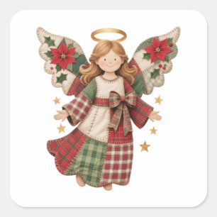 Pegatina Cuadrada Ángel de Navidad con Estrellas Doradas