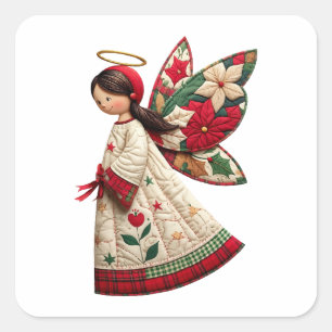 Pegatina Cuadrada Ángel de Navidad con flores festivas