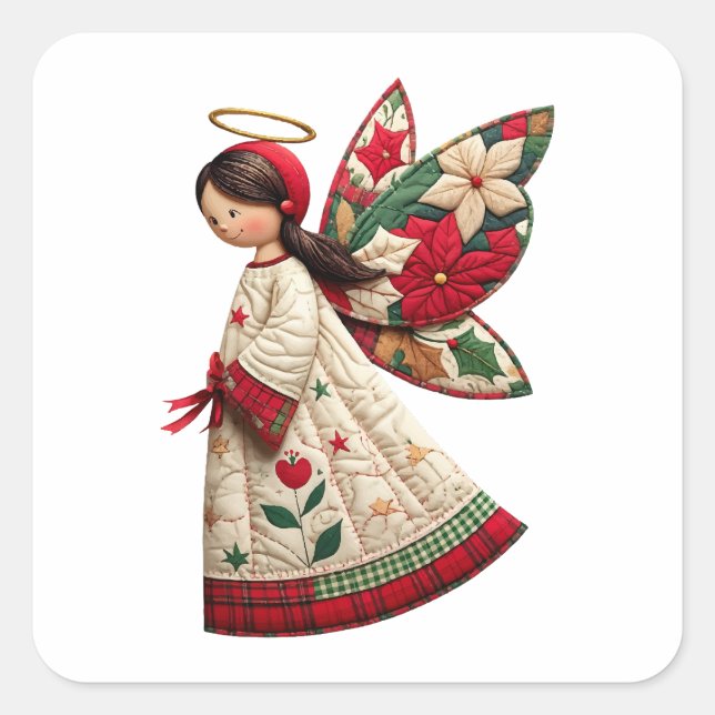 Pegatina Cuadrada Ángel de Navidad con flores festivas (Anverso)