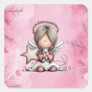 Pegatina Cuadrada Ángel de Navidad Rosa Caprichoso