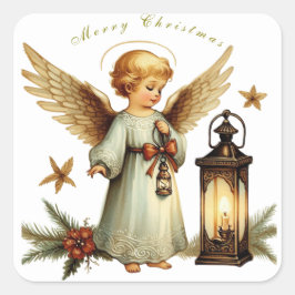 Pegatina Cuadrada Ángel de Navidad Vintage Hermoso
