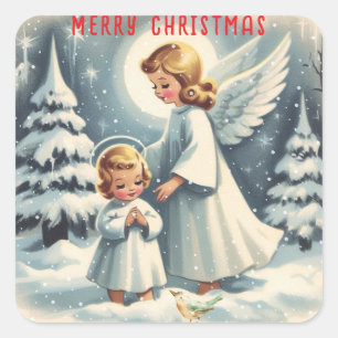 Pegatina Cuadrada Ángel de Navidad vintage, niño y pájaro