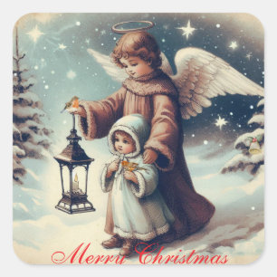 Pegatina Cuadrada Ángel de Navidad Vintage, Niño y Pájaros