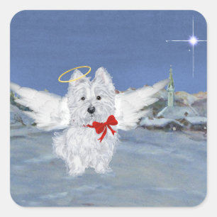 Pegatina Cuadrada ángel de Navidad Westie