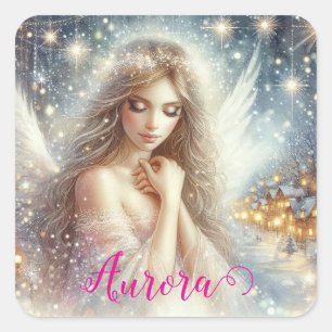 Pegatina Cuadrada Ángel de nieve festivo femenino etéreo acuarela