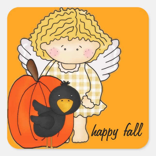 Pegatina Cuadrada Ángel de otoño con calabaza y cuervo - otoño feliz (Anverso)
