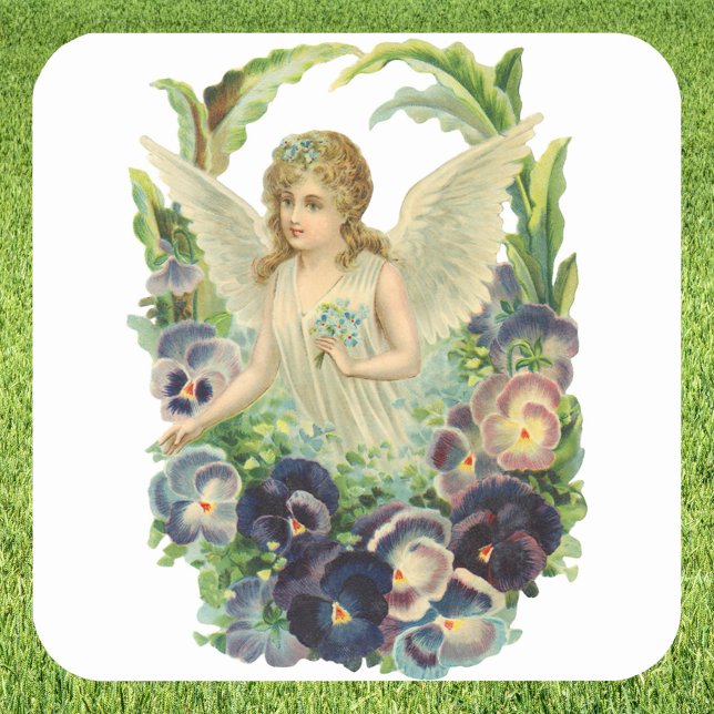 Pegatina Cuadrada Ángel de Pascua victoriano con flores de púrpura (Subido por el creador)