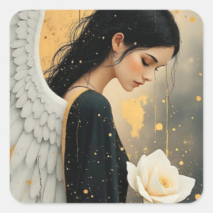 Pegatina Cuadrada Ángel Gótico Hermoso y Rosa Blanca Celestial