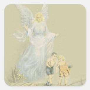 Pegatina Cuadrada Ángel guardián observando a los niños