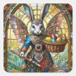 Pegatina Cuadrada Ángel guerrero conejo de Pascua steampunk