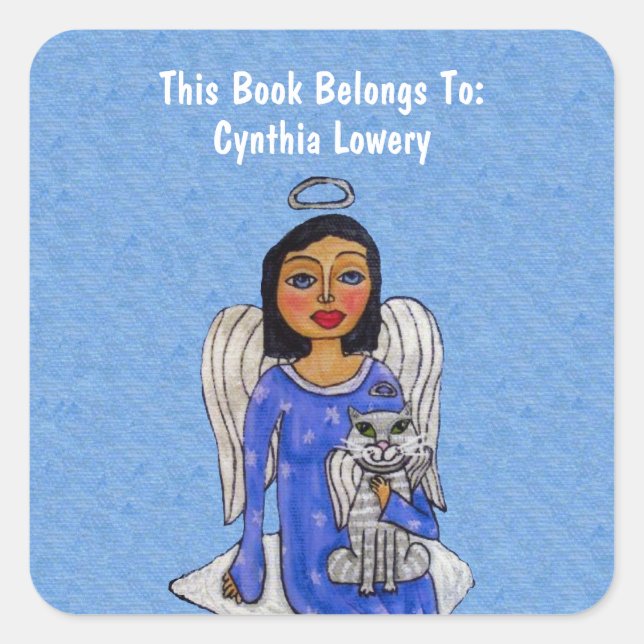 Pegatina Cuadrada Angel Holding White Cat Angel Blue Dress Cloud (Anverso)