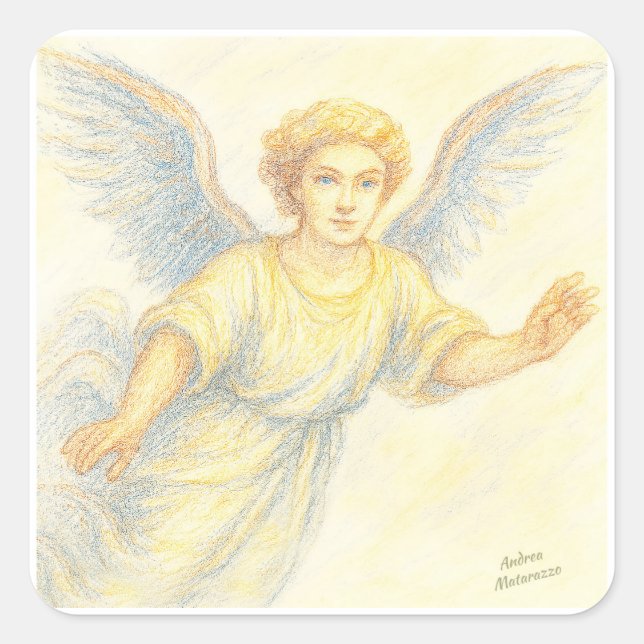 Pegatina Cuadrada Ángel huyendo con una sonrisa (Anverso)