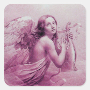 PEGATINA CUADRADA ANGEL JUGANDO LYRA SOBRE LAS NUBES