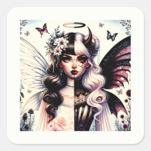 Pegatina Cuadrada Ángel Medio Diablo Oscura Belleza Hada de Ala Rota