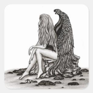 Pegatina Cuadrada Ángel, perdido en el pensamiento, diseño blanco y 