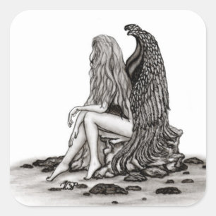 Pegatina Cuadrada Ángel, perdido en el pensamiento, diseño blanco y