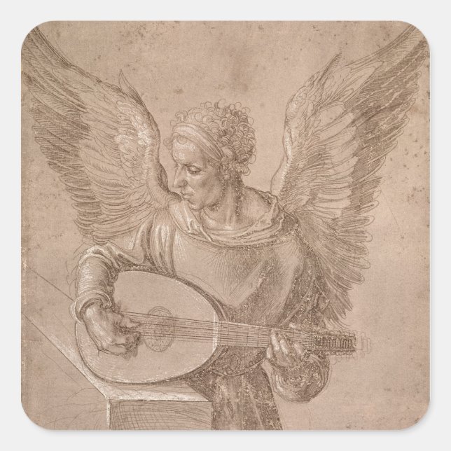 Pegatina Cuadrada Ángel tocando un laúd, 1491 (Anverso)