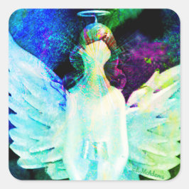 Pegatina Cuadrada Angel Watercolor Green Blue Wings Halo Art