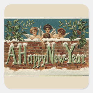 Pegatina Cuadrada Ángeles Vintage Un Feliz Año Nuevo