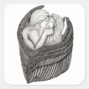Pegatina Cuadrada Angels Kissing , diseño en blanco y negro