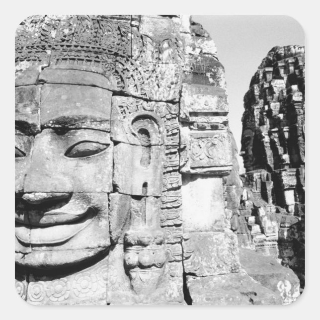 Pegatina Cuadrada Angkor Camboya, Cabezas El Bayon (Anverso)