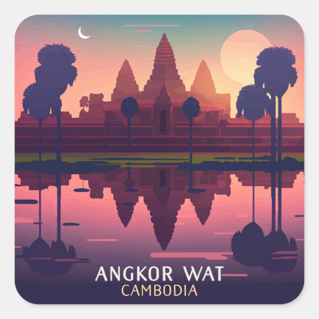 Pegatina Cuadrada Angkor Wat Sunrise Camboya Siem Reap Retro (Anverso)