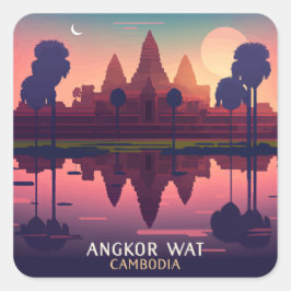 Pegatina Cuadrada Angkor Wat Sunrise Camboya Siem Reap Retro