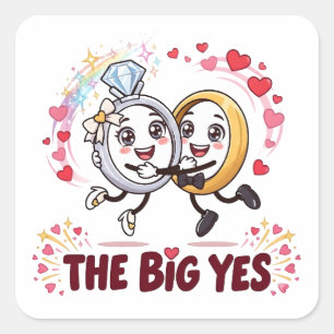 Pegatina Cuadrada Anillo de Compromiso The Big Yes Pareja Cartoon