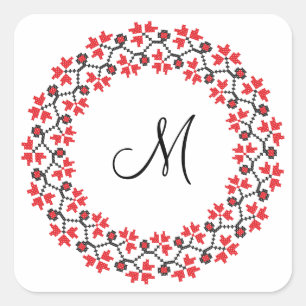 Pegatina Cuadrada Anillo de flores rojas Monograma personalizado ini