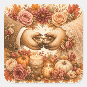 Pegatina Cuadrada Anillos de Boda de Erizo Lindo Otoño Pareja