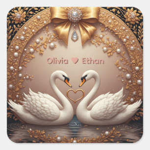 Pegatina Cuadrada Anillos de Cisne Romántico Estilo Boda Floral