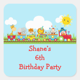 Pegatina Cuadrada Animal Circus Train Kids Birthday in Red