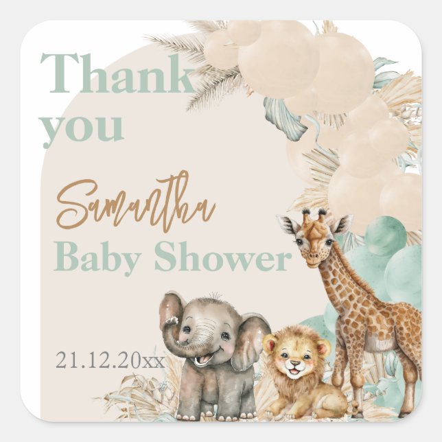 Pegatina Cuadrada Animal Safari Boho Oh Boy Baby Shower gracias (Anverso)