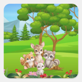 Pegatina Cuadrada Animales Bebés del Bosque Babero — Amigos del Bosq