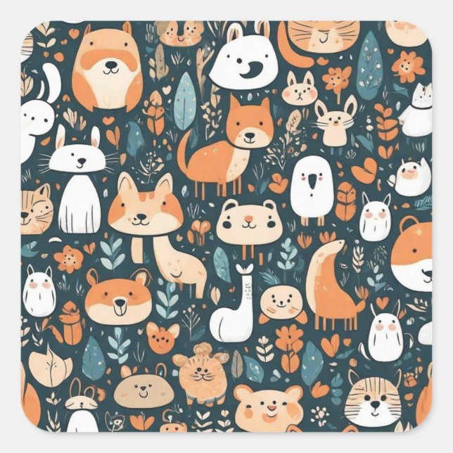Pegatina Cuadrada Animales bonitos diseño de decoración verde (Anverso)